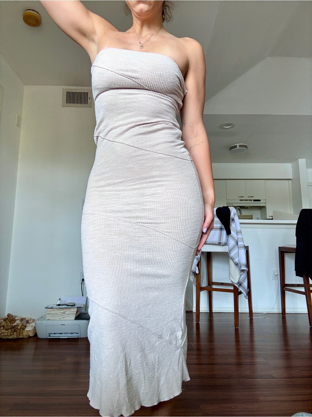 Cream Knit Ribbed Dress